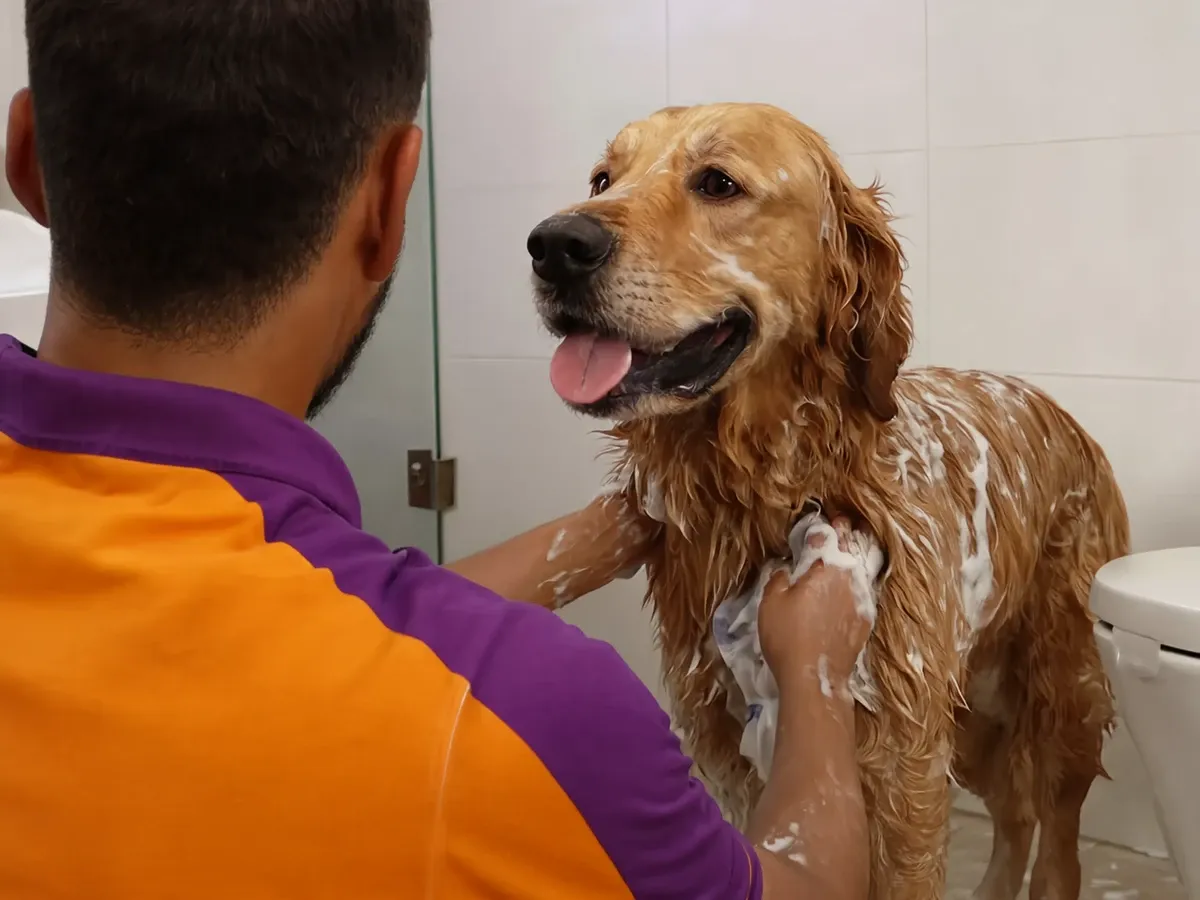 A Sploot groomer lathering a Golden Retriever during a spa bath