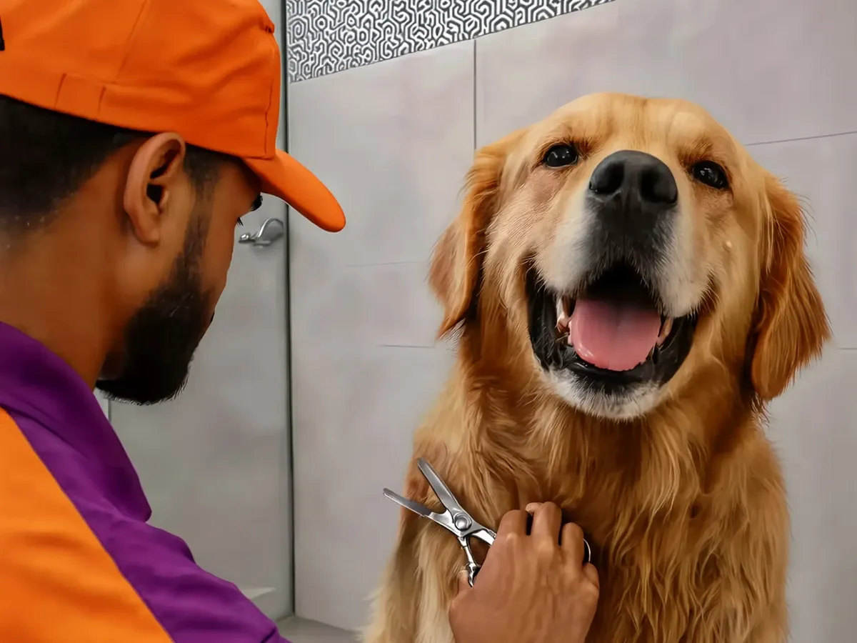 A Sploot groomer trimming a Golden Retriever's coat with scissors